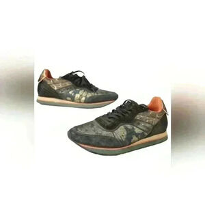 ETRO Green  Gold Cheetah Metallic Suede Nylon Sneakers Leopard Print 8US Italy